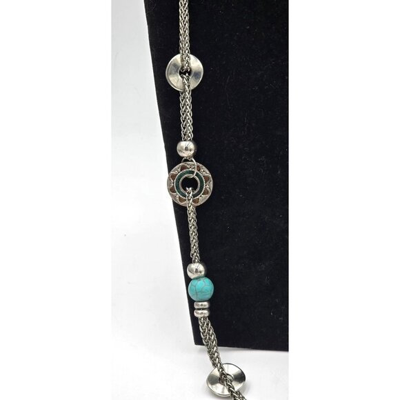 Southwestern Multi-Chain Station Necklace 40" Textured Discs Faux Turquoise Bead - Picture 6 of 8